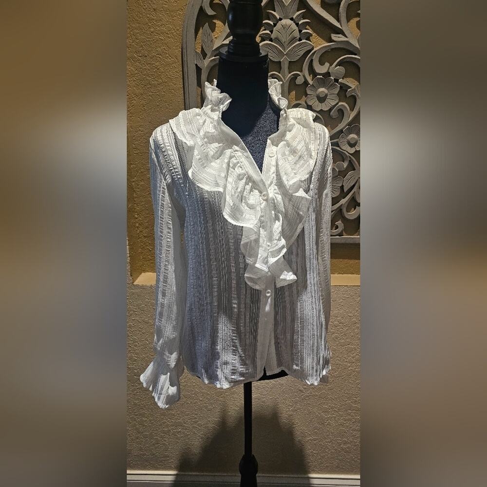 Vintage White Silver Stripe Ruffled Emo Alt Top Victorian Whimsygoth Coquette